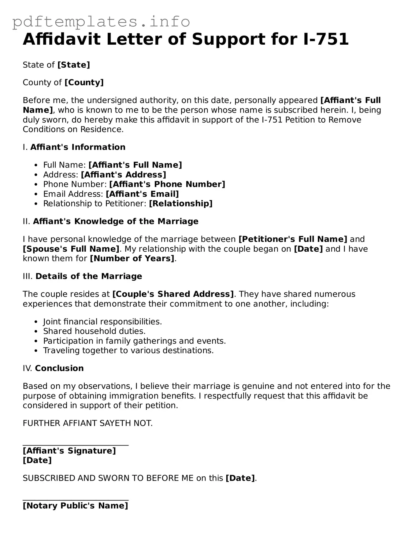 Printable Affidavit Letter of Support for I-751 Form