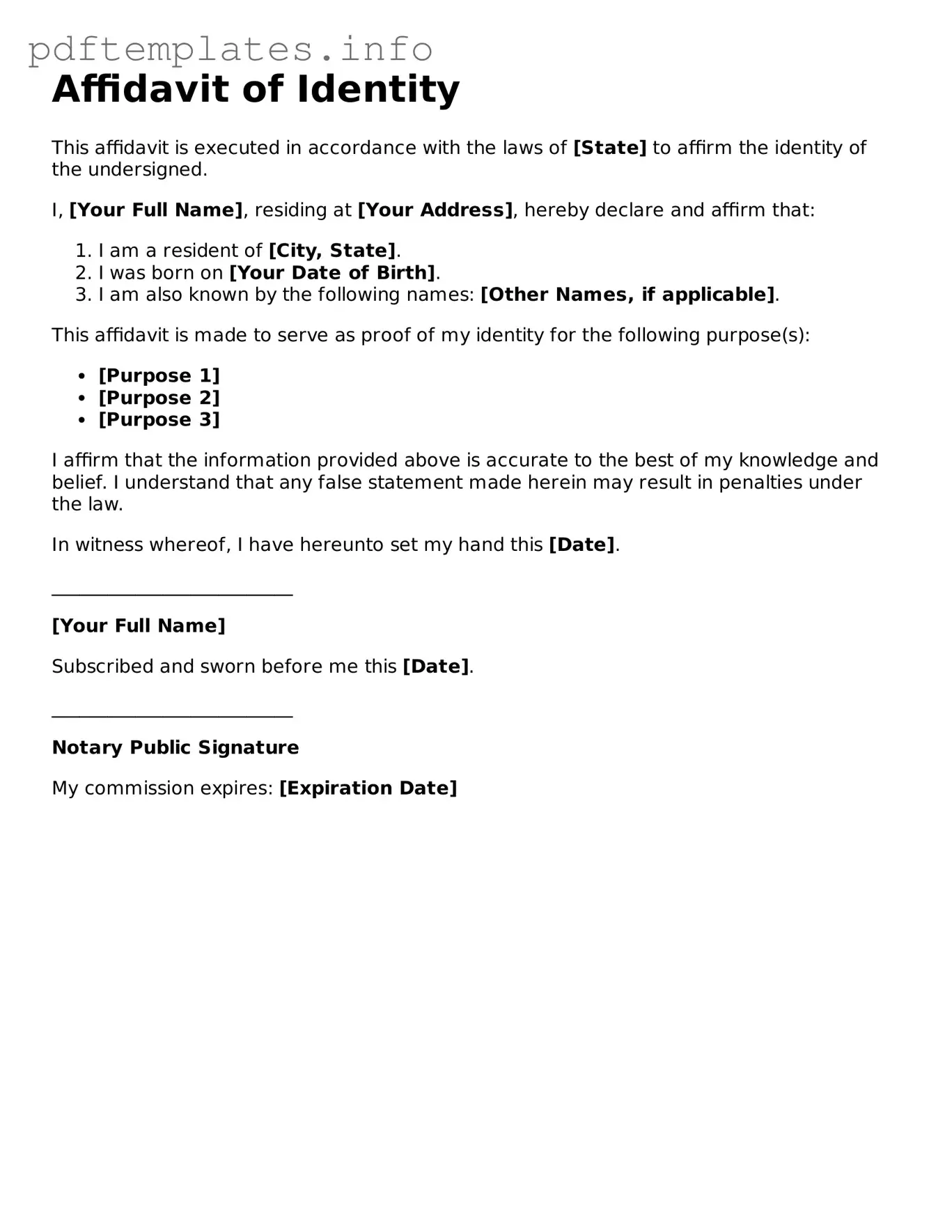 Printable Affidavit of Identity Form