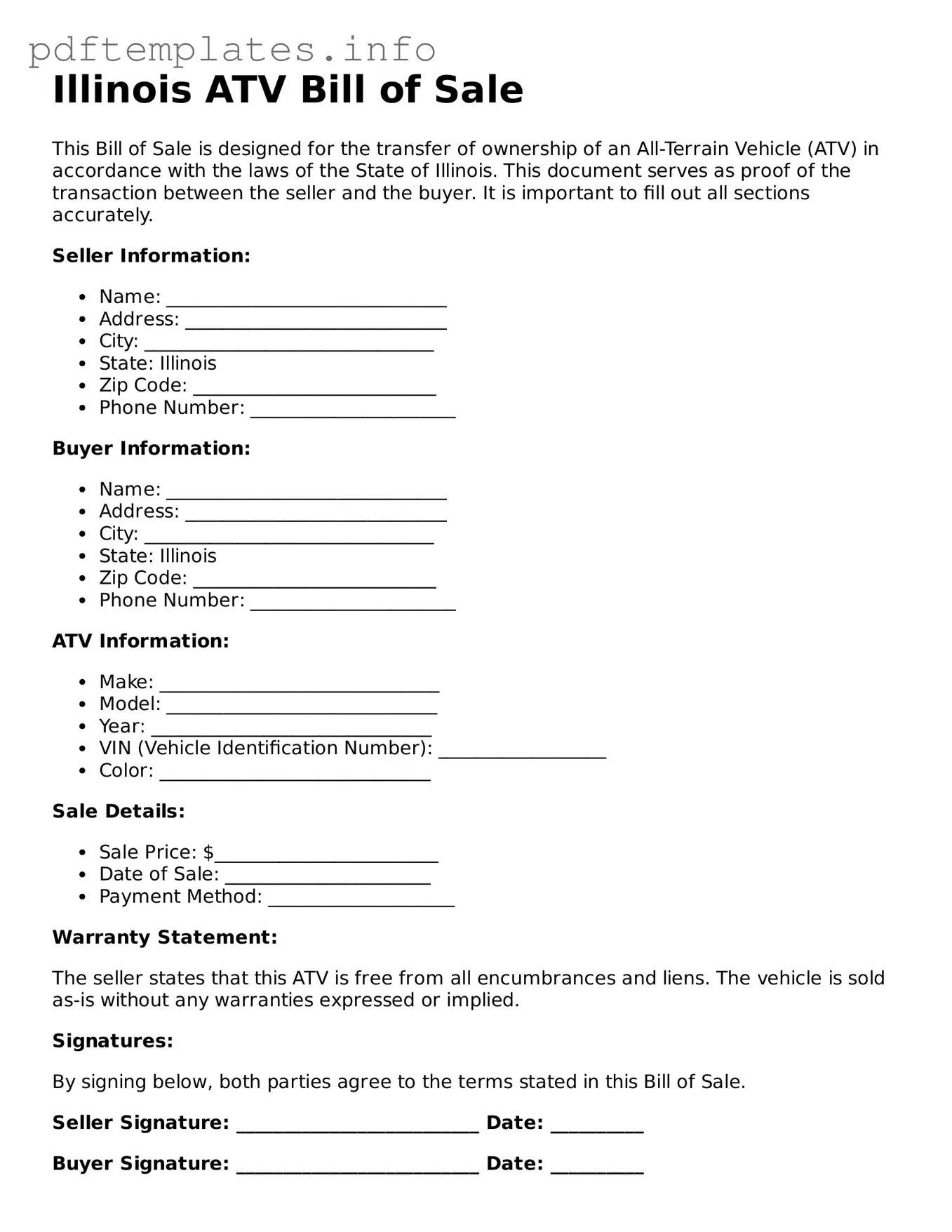 Blank ATV Bill of Sale Form for Illinois State