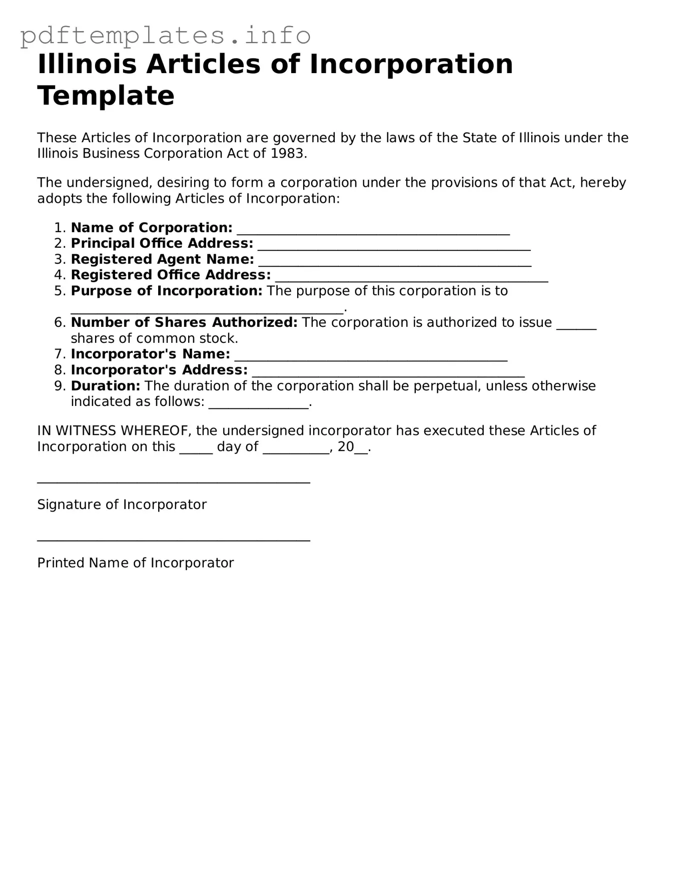 Blank Articles of Incorporation Form for Illinois State