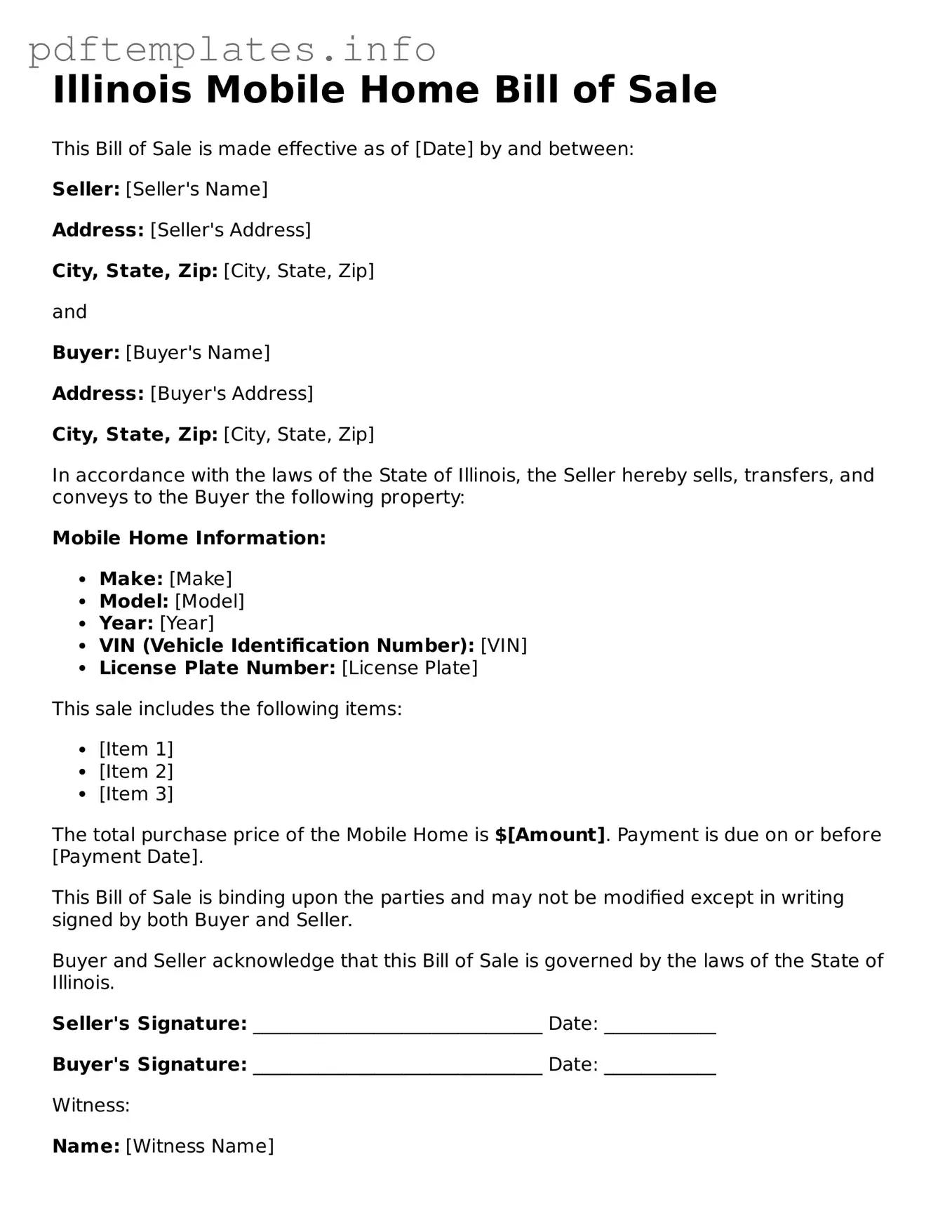 Blank Mobile Home Bill of Sale Form for Illinois State