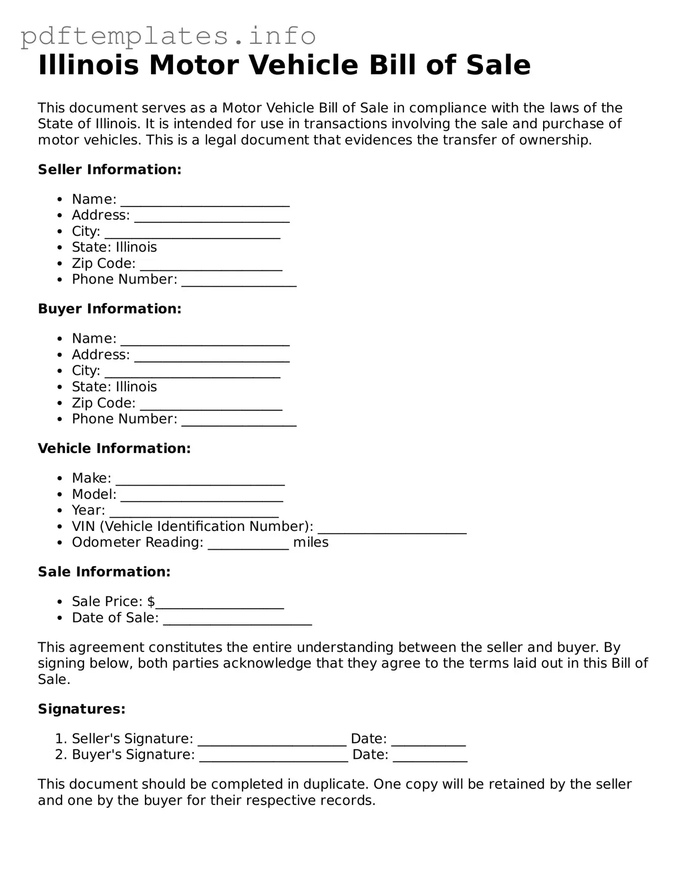 Blank Motor Vehicle Bill of Sale Form for Illinois State