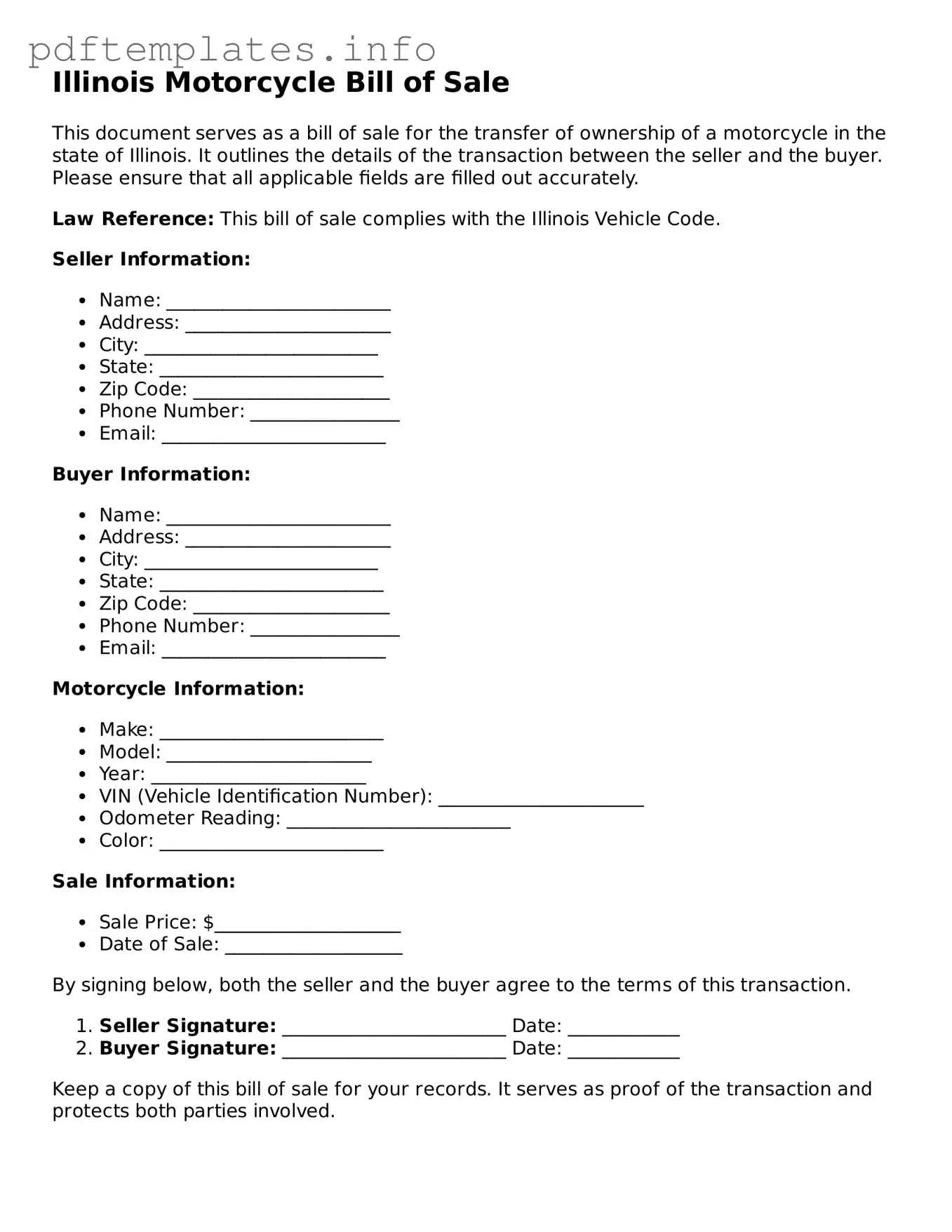 Blank Motorcycle Bill of Sale Form for Illinois State