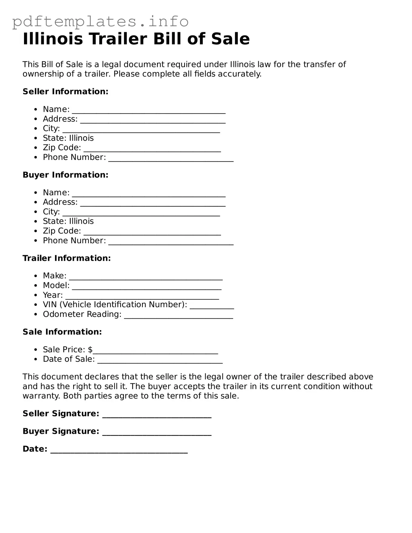 Blank Trailer Bill of Sale Form for Illinois State