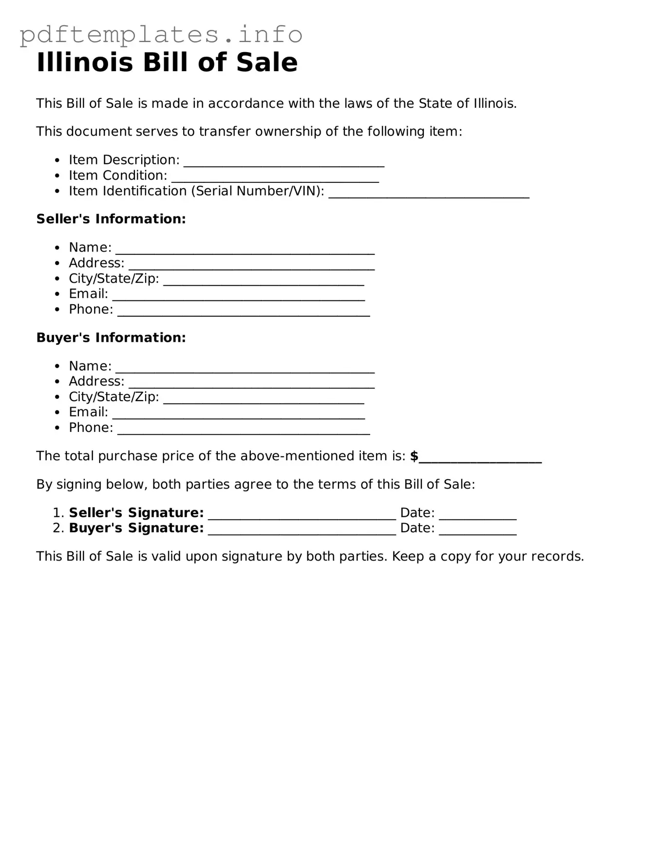 Blank Bill of Sale Form for Illinois State