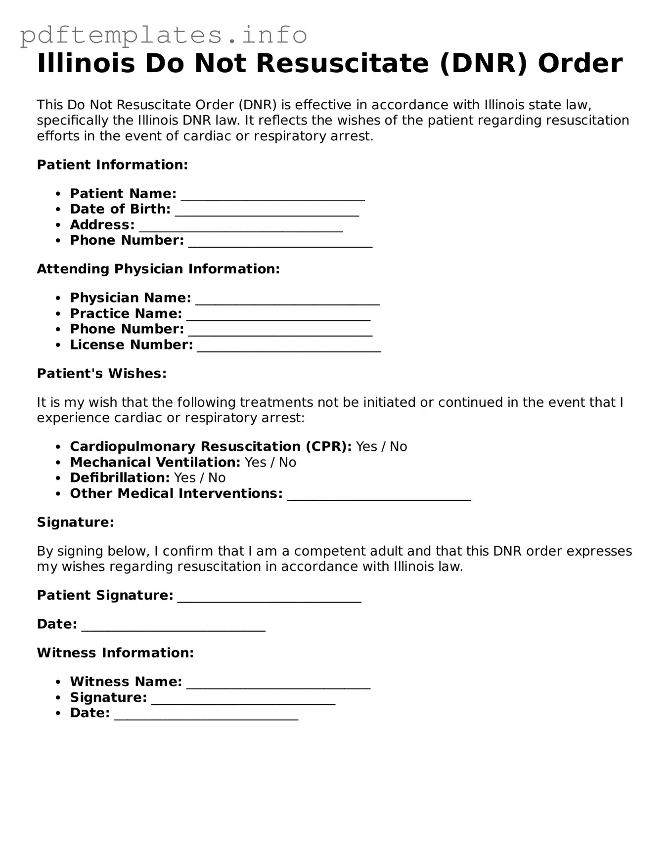 Blank Do Not Resuscitate Order Form for Illinois State