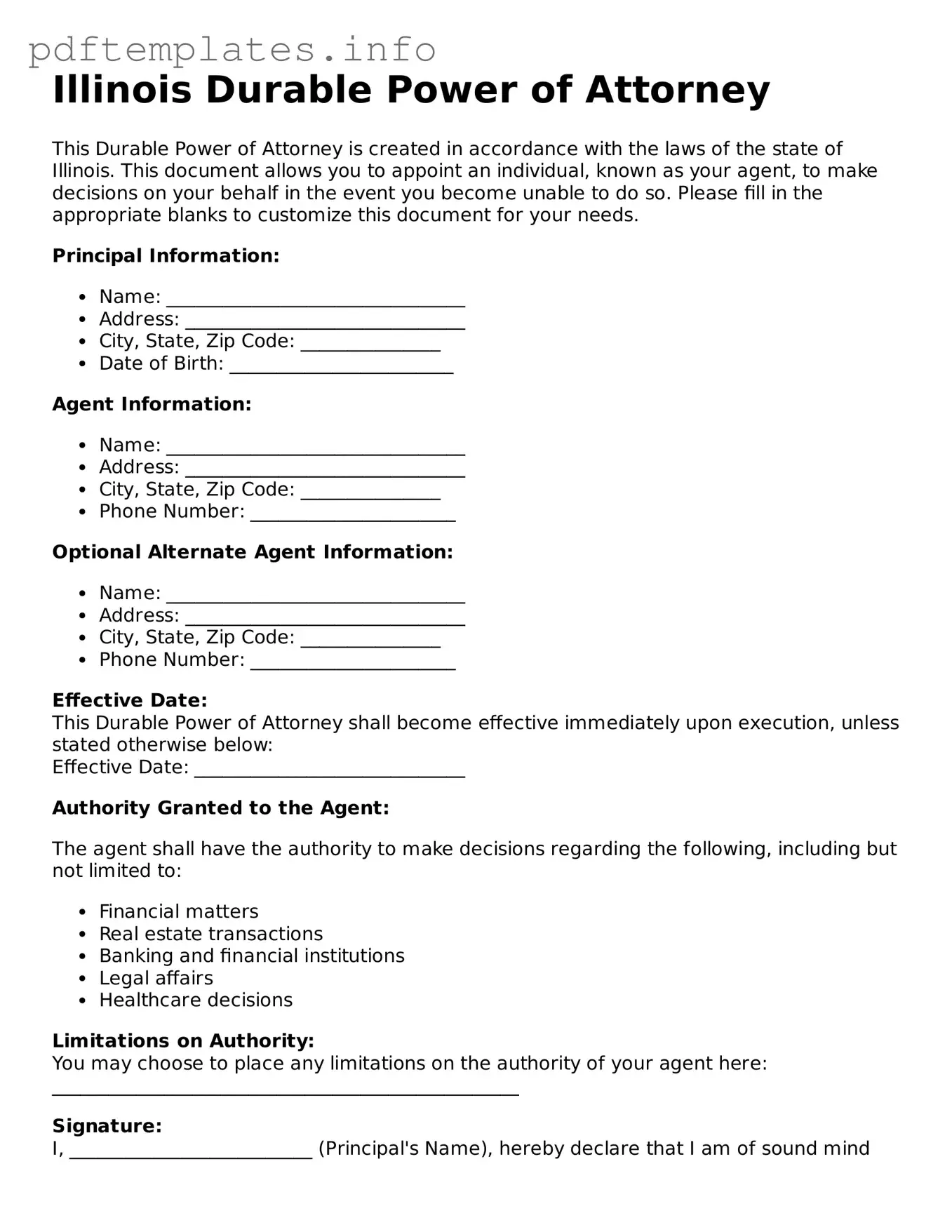 Blank Durable Power of Attorney Form for Illinois State