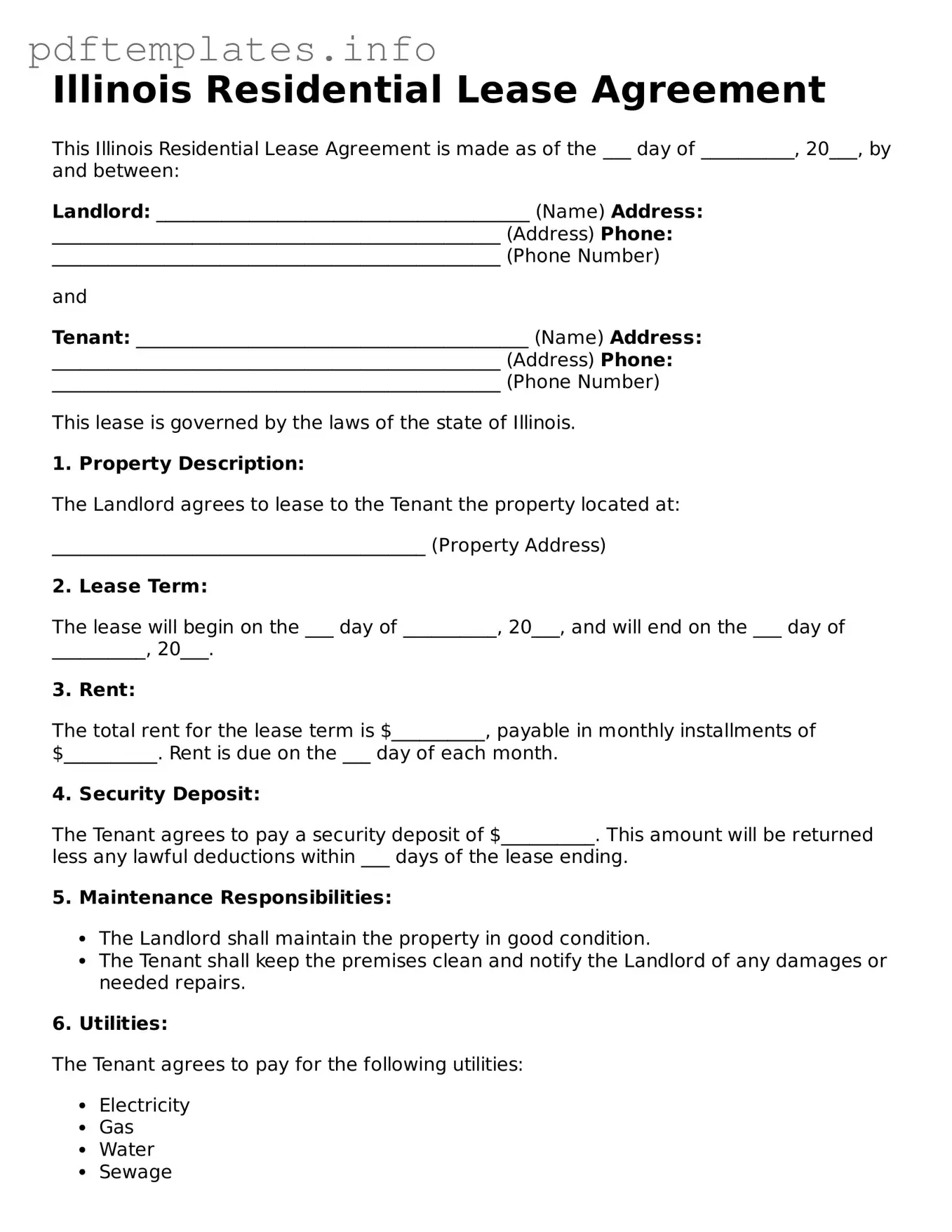 Blank Residential Lease Agreement Form for Illinois State