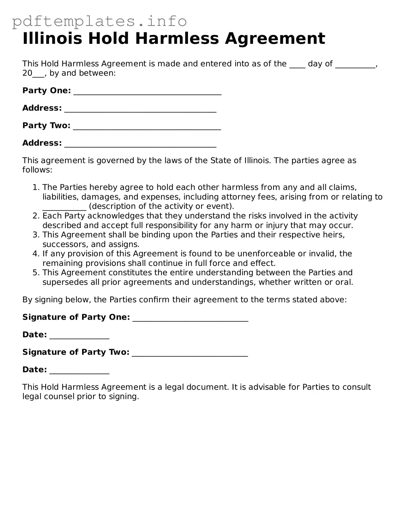 Blank Hold Harmless Agreement Form for Illinois State