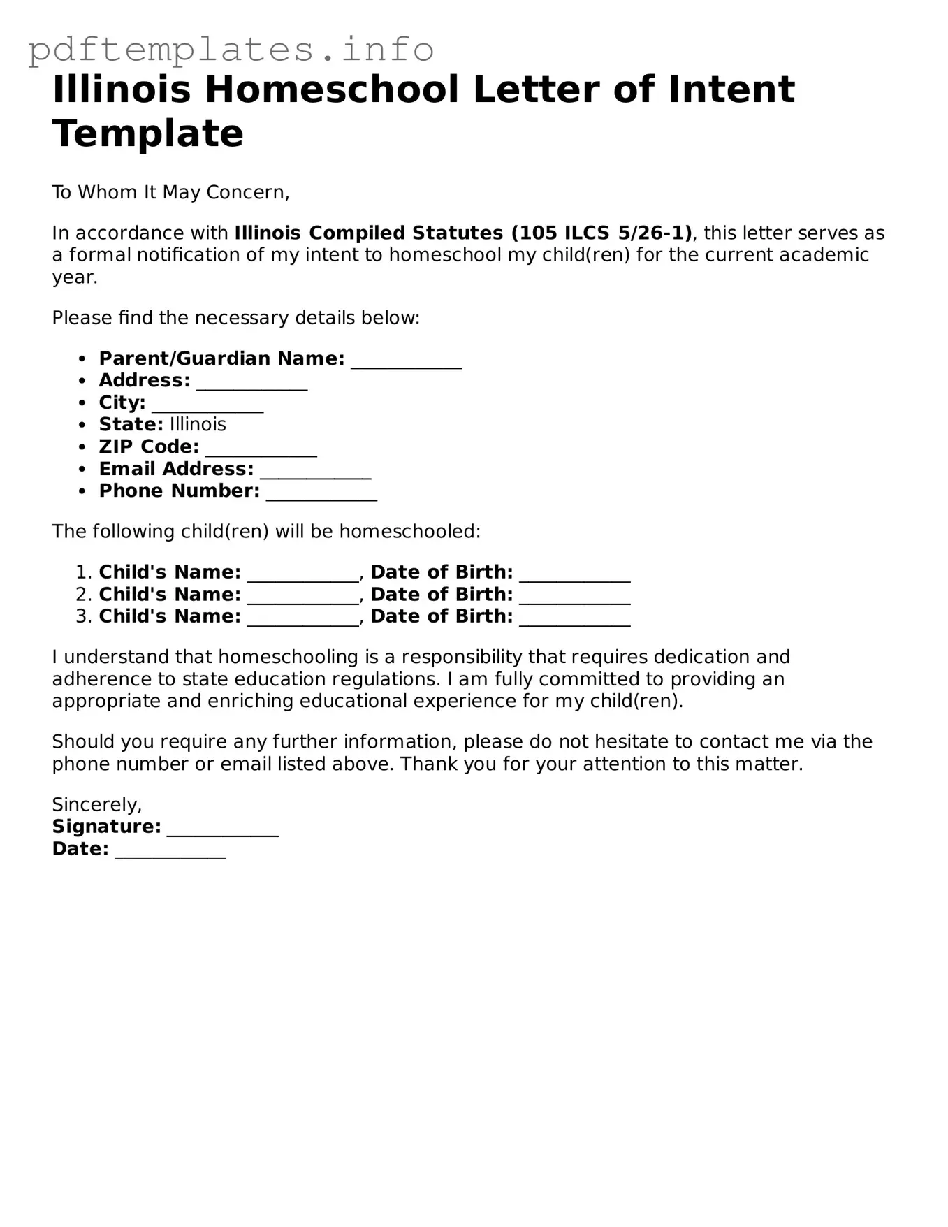 Blank Homeschool Letter of Intent Form for Illinois State