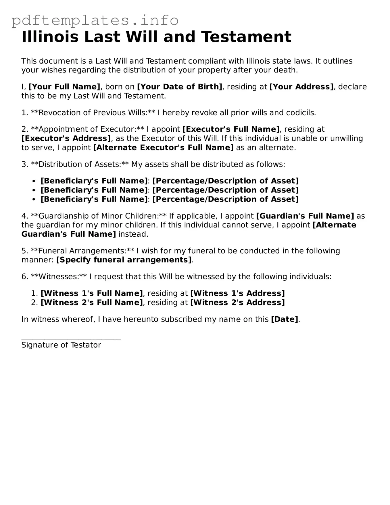 Blank Last Will and Testament Form for Illinois State