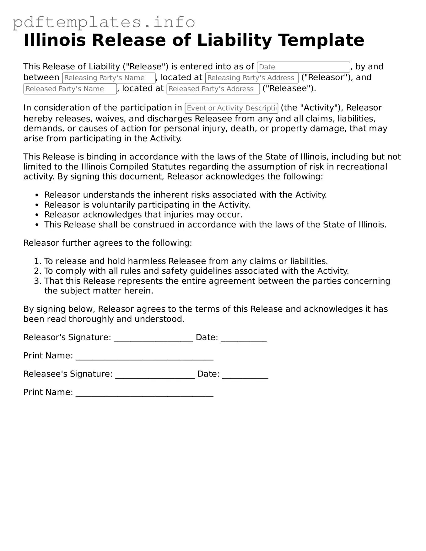 Blank Release of Liability Form for Illinois State