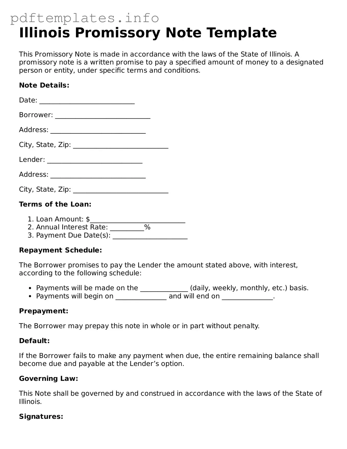 Blank Promissory Note Form for Illinois State