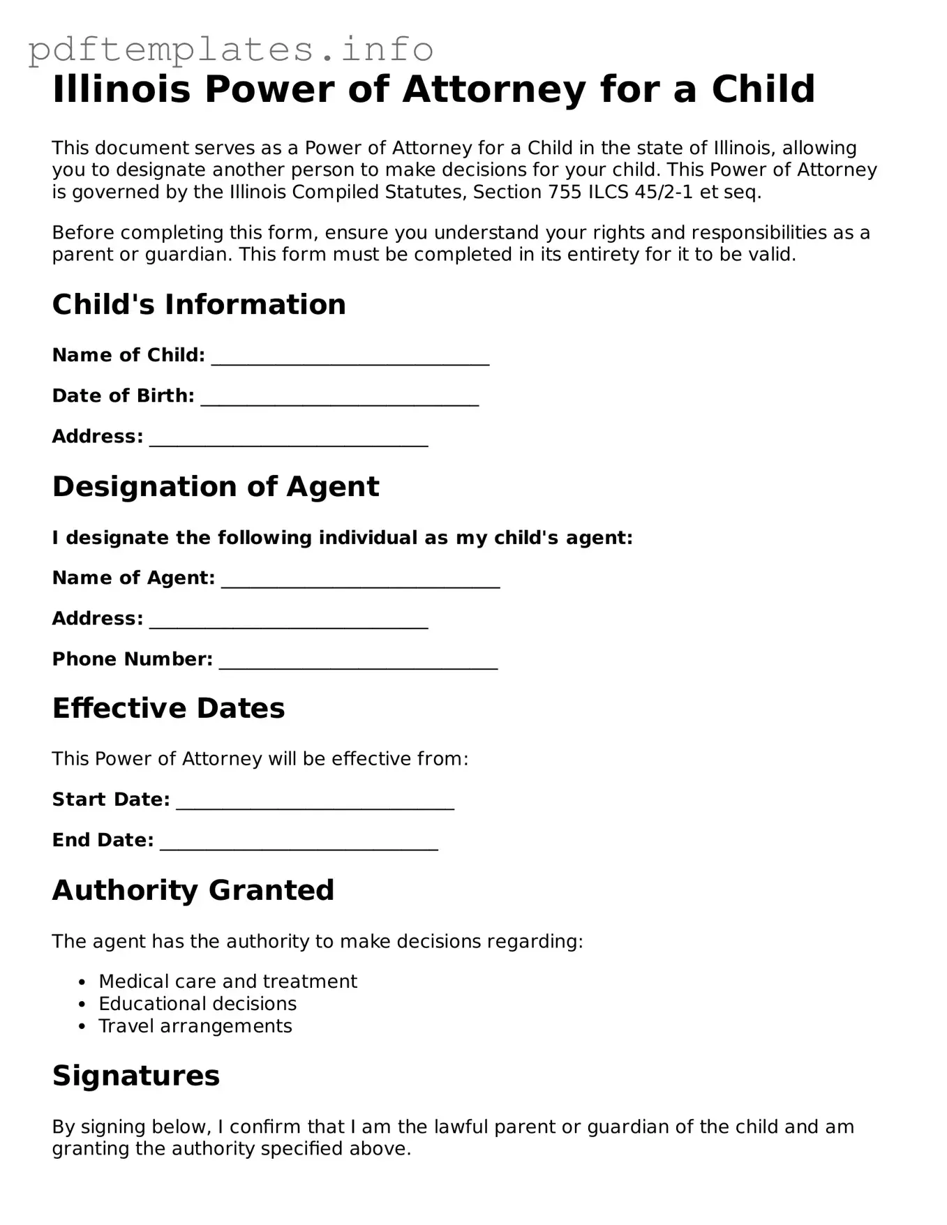 Blank Power of Attorney for a Child Form for Illinois State