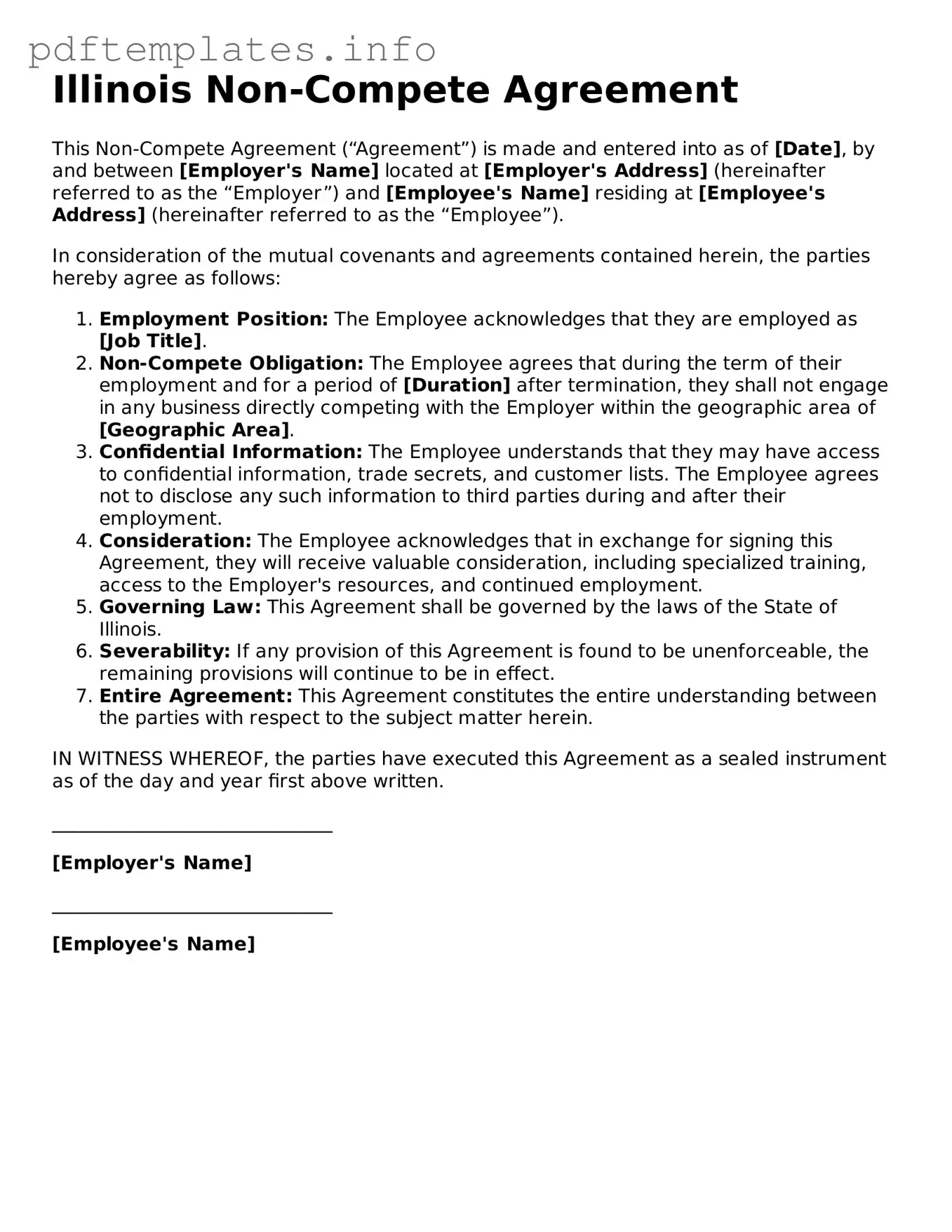 Blank Non-compete Agreement Form for Illinois State