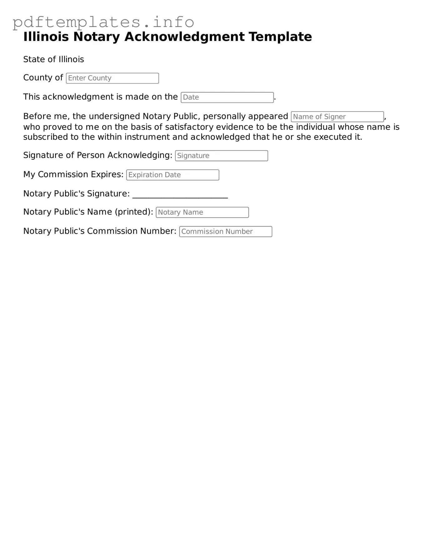 Blank Notary Acknowledgement Form for Illinois State