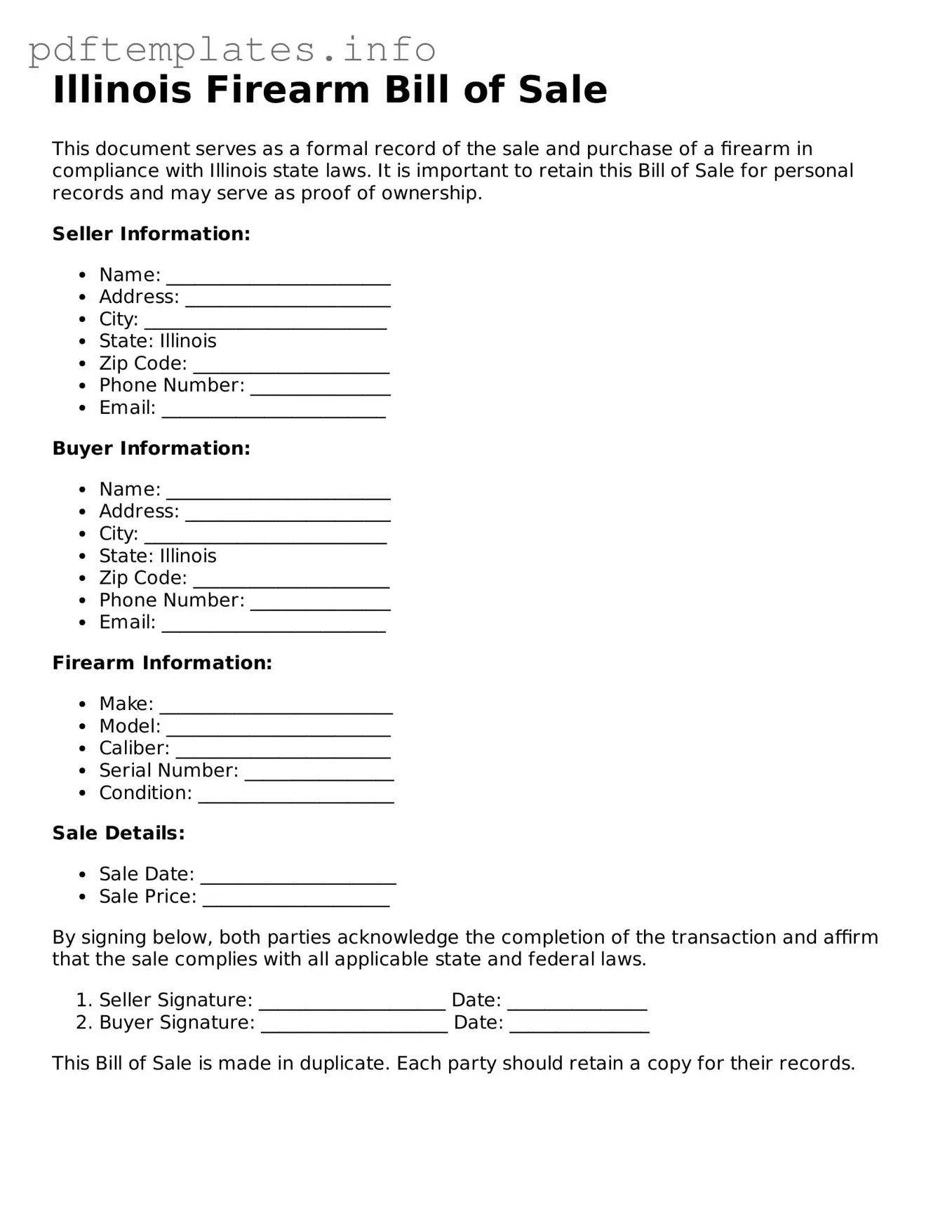 Blank Firearm Bill of Sale Form for Illinois State
