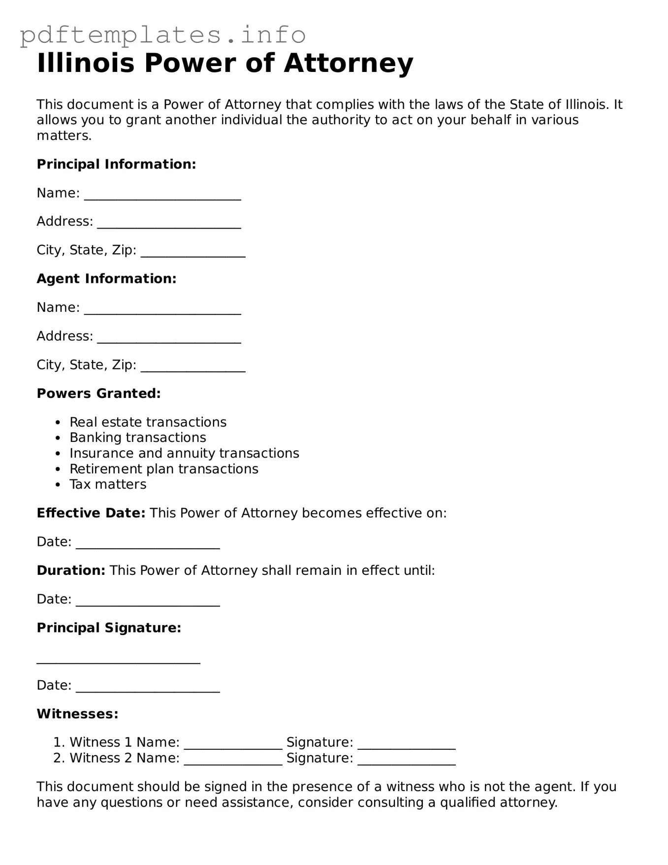 Blank Power of Attorney Form for Illinois State