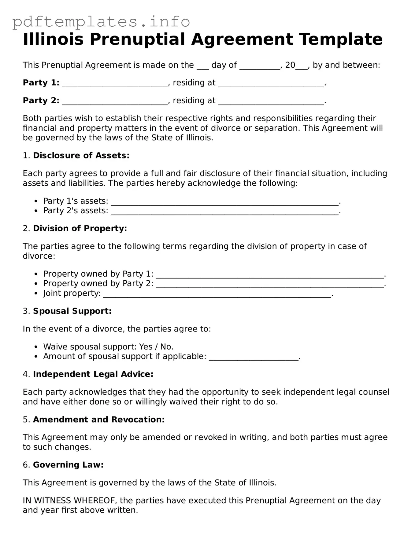 Blank Prenuptial Agreement Form for Illinois State