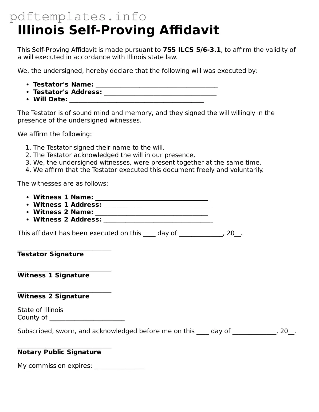 Blank Self-Proving Affidavit Form for Illinois State