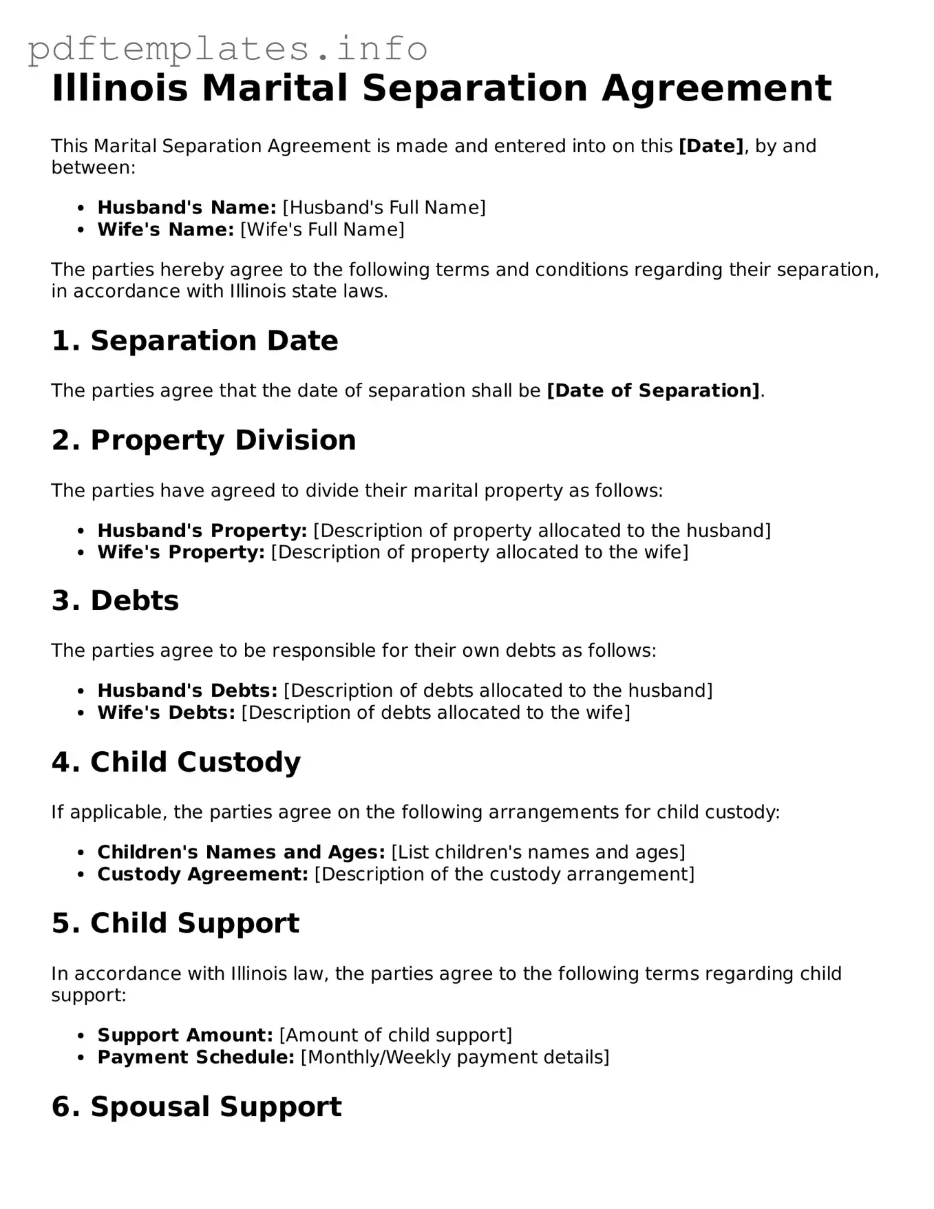 Blank Marital Separation Agreement Form for Illinois State