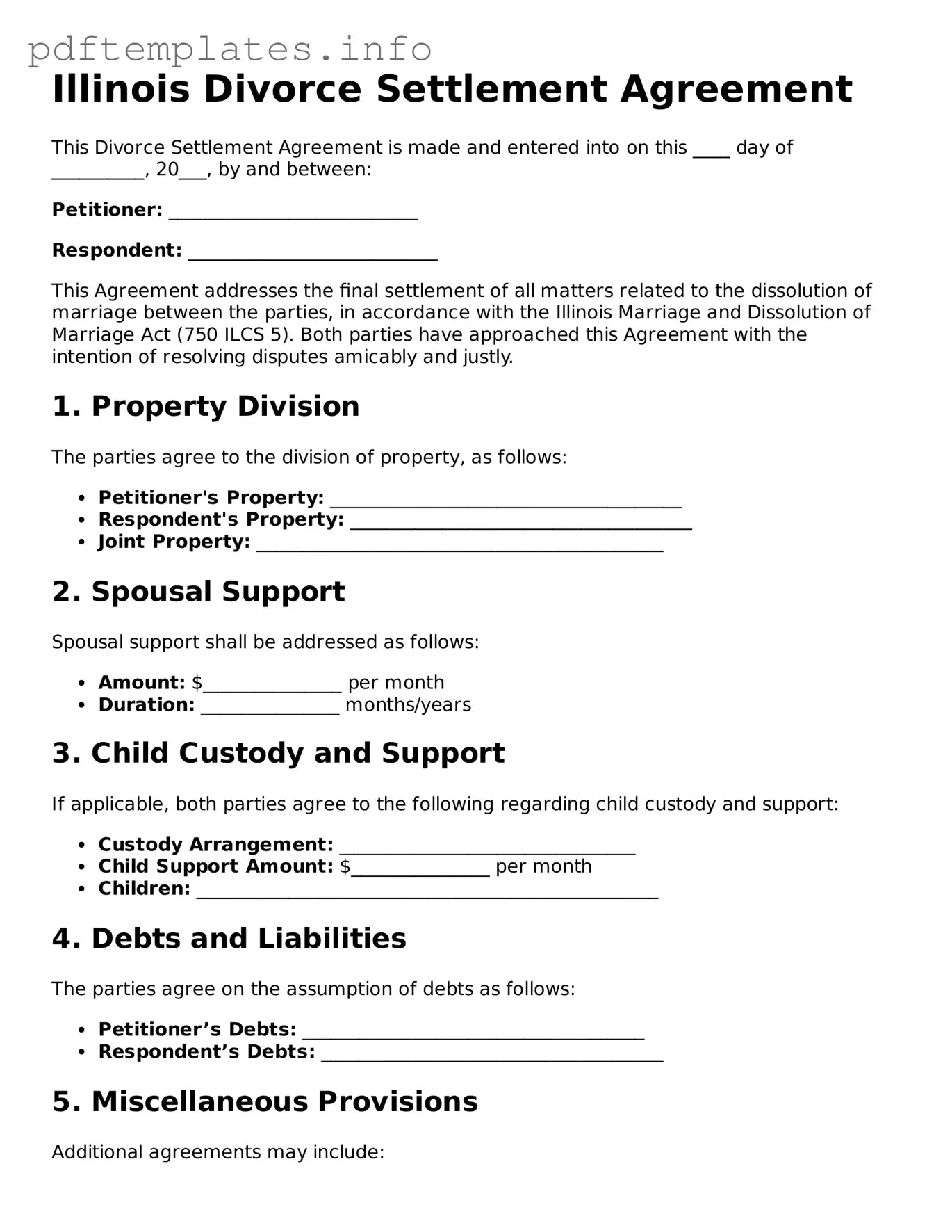 Blank Divorce Settlement Agreement Form for Illinois State