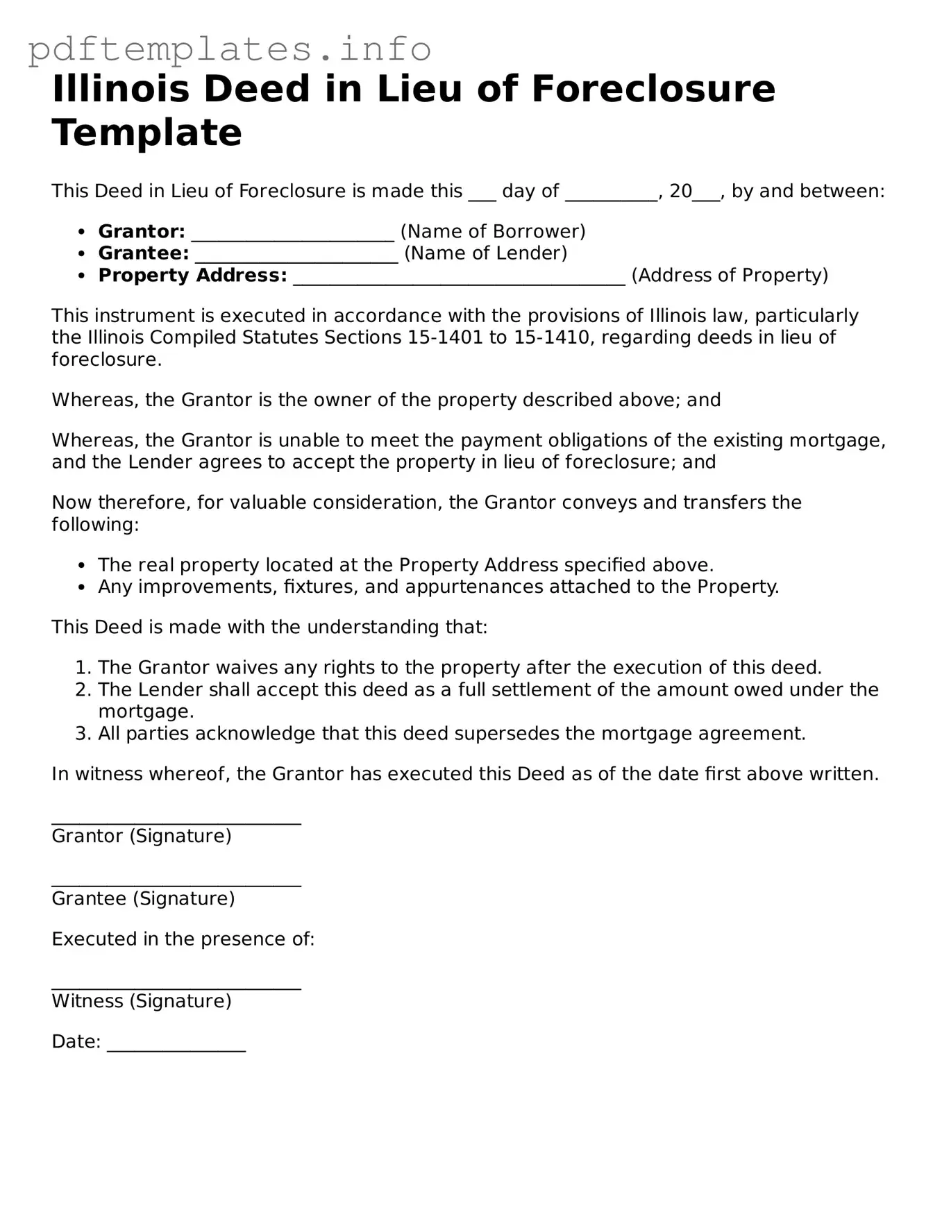 Blank Deed in Lieu of Foreclosure Form for Illinois State