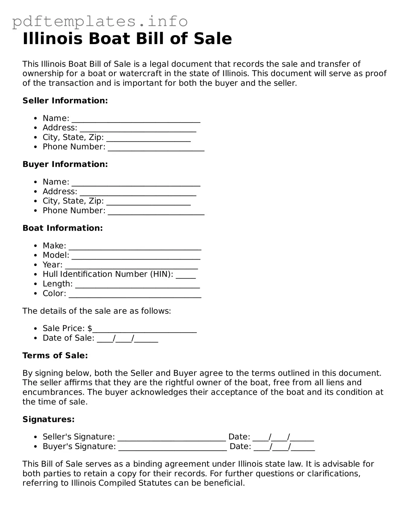Blank Boat Bill of Sale Form for Illinois State