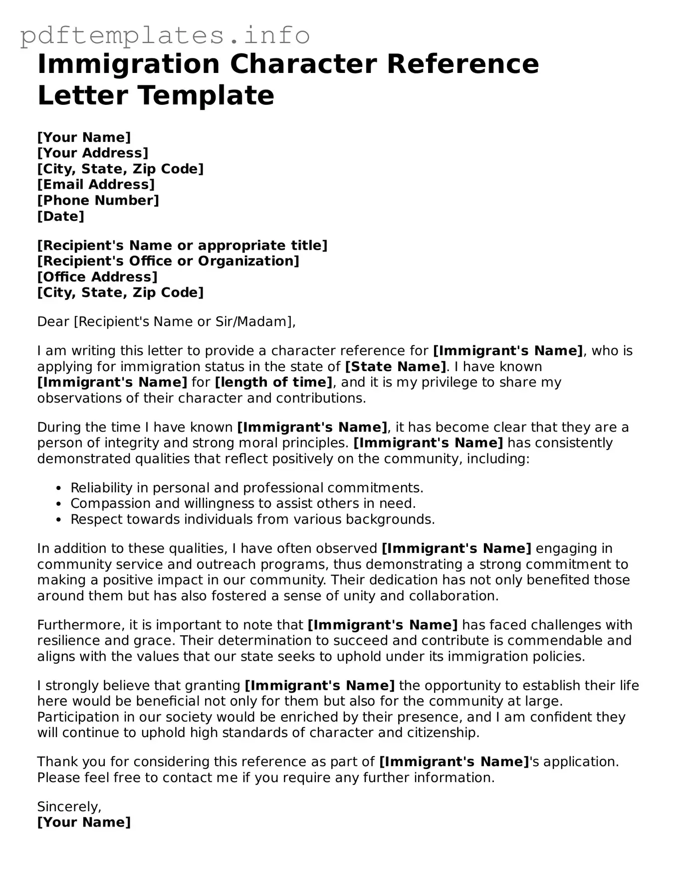 Printable Character Reference Letter for Immigration Form