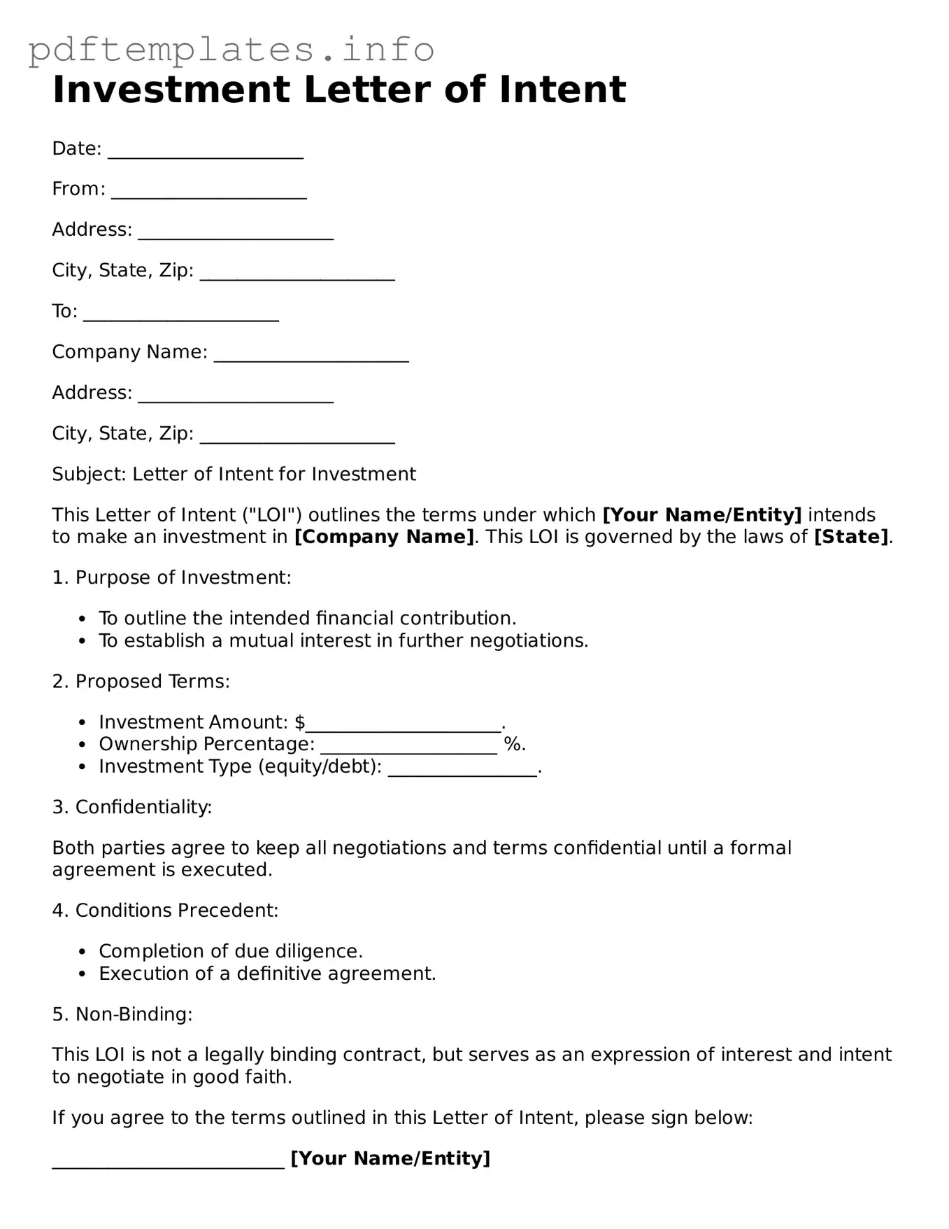 Printable Investment Letter of Intent Form