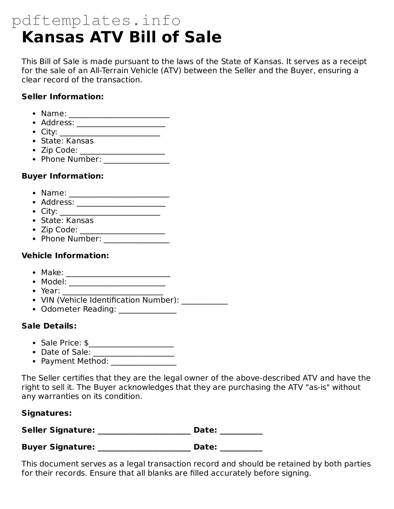 Blank ATV Bill of Sale Form for Kansas State