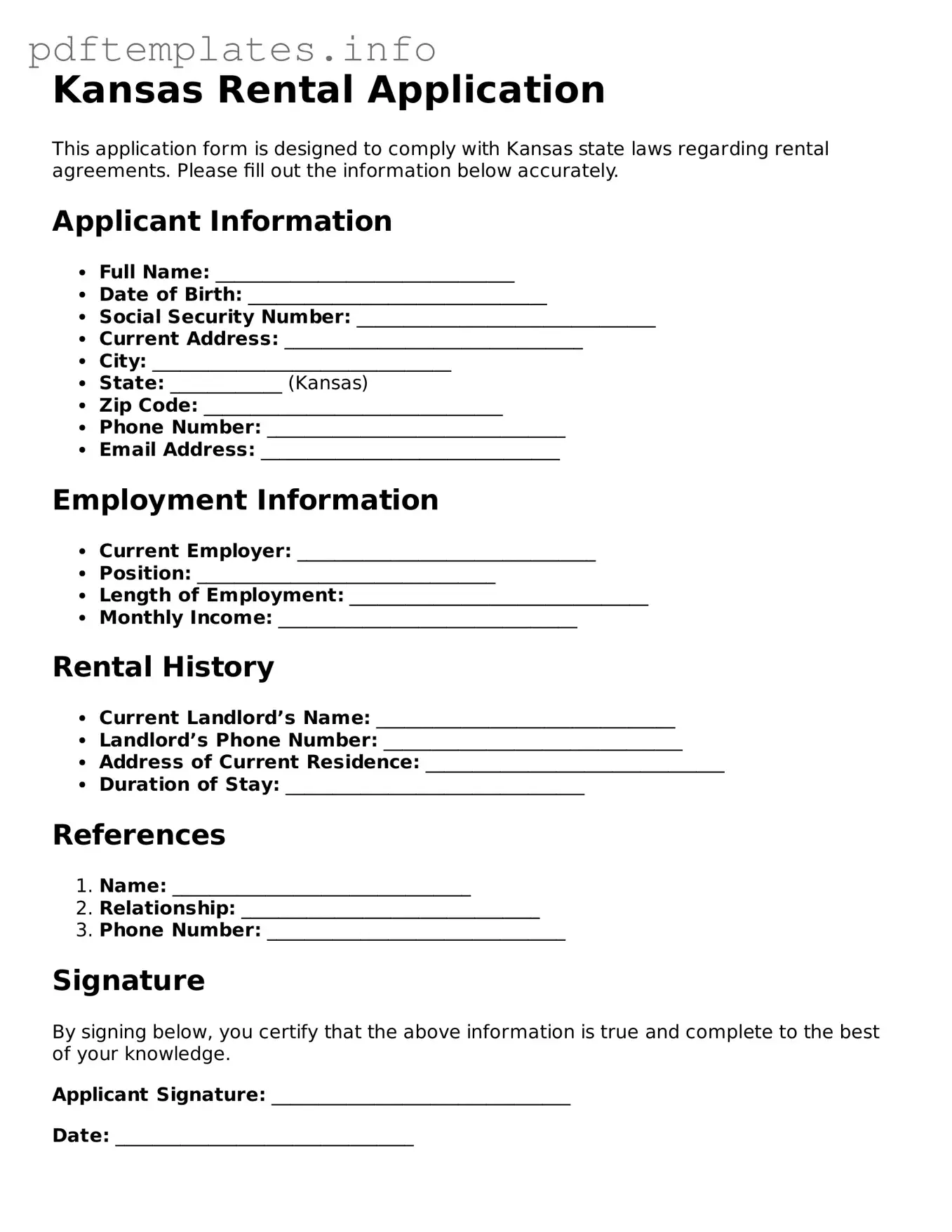 Blank Rental Application Form for Kansas State