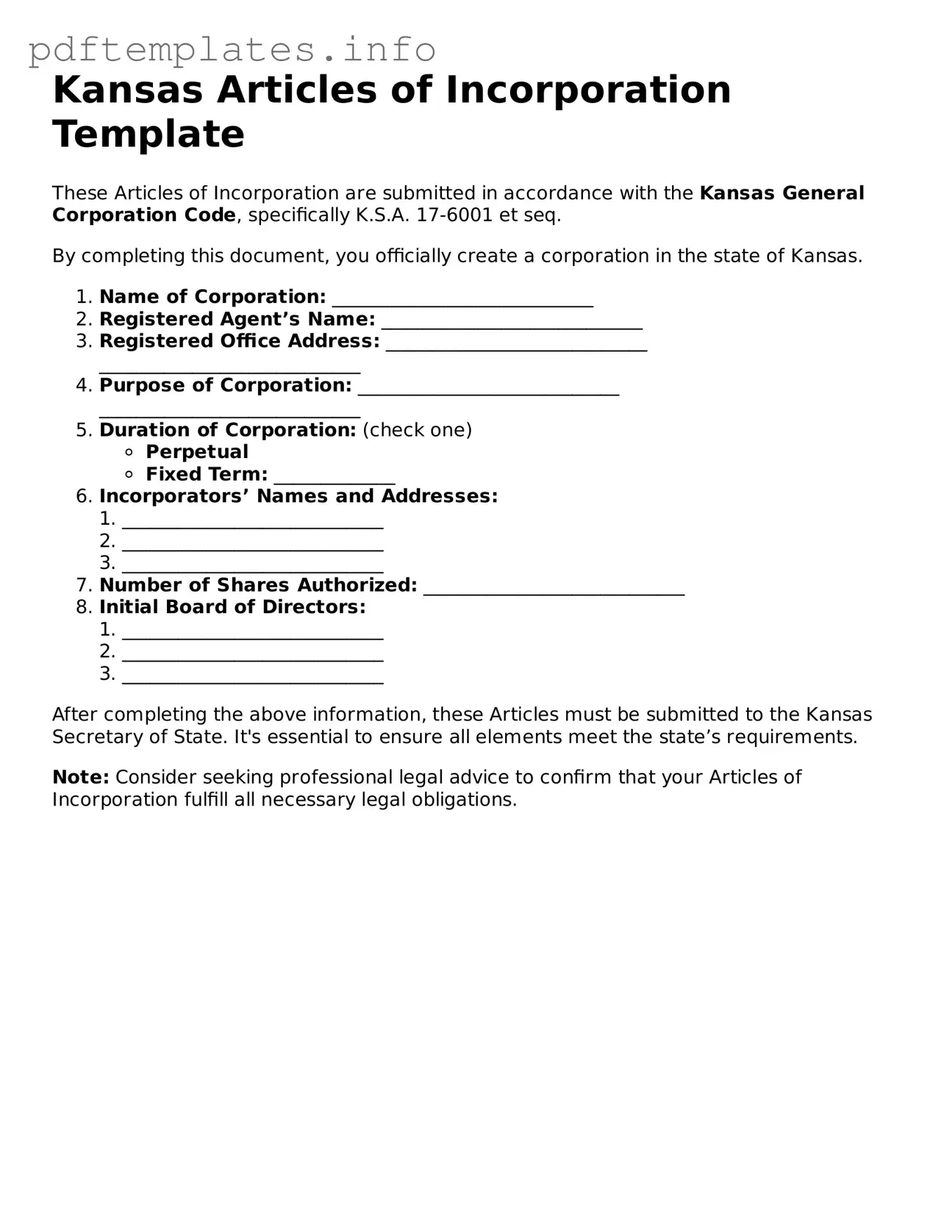 Blank Articles of Incorporation Form for Kansas State