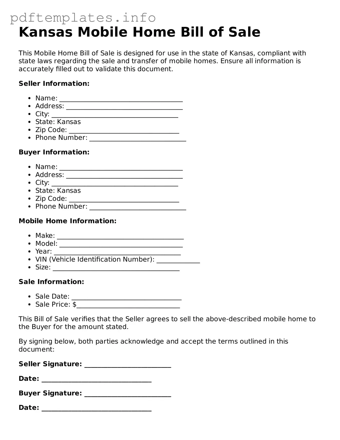 Blank Mobile Home Bill of Sale Form for Kansas State