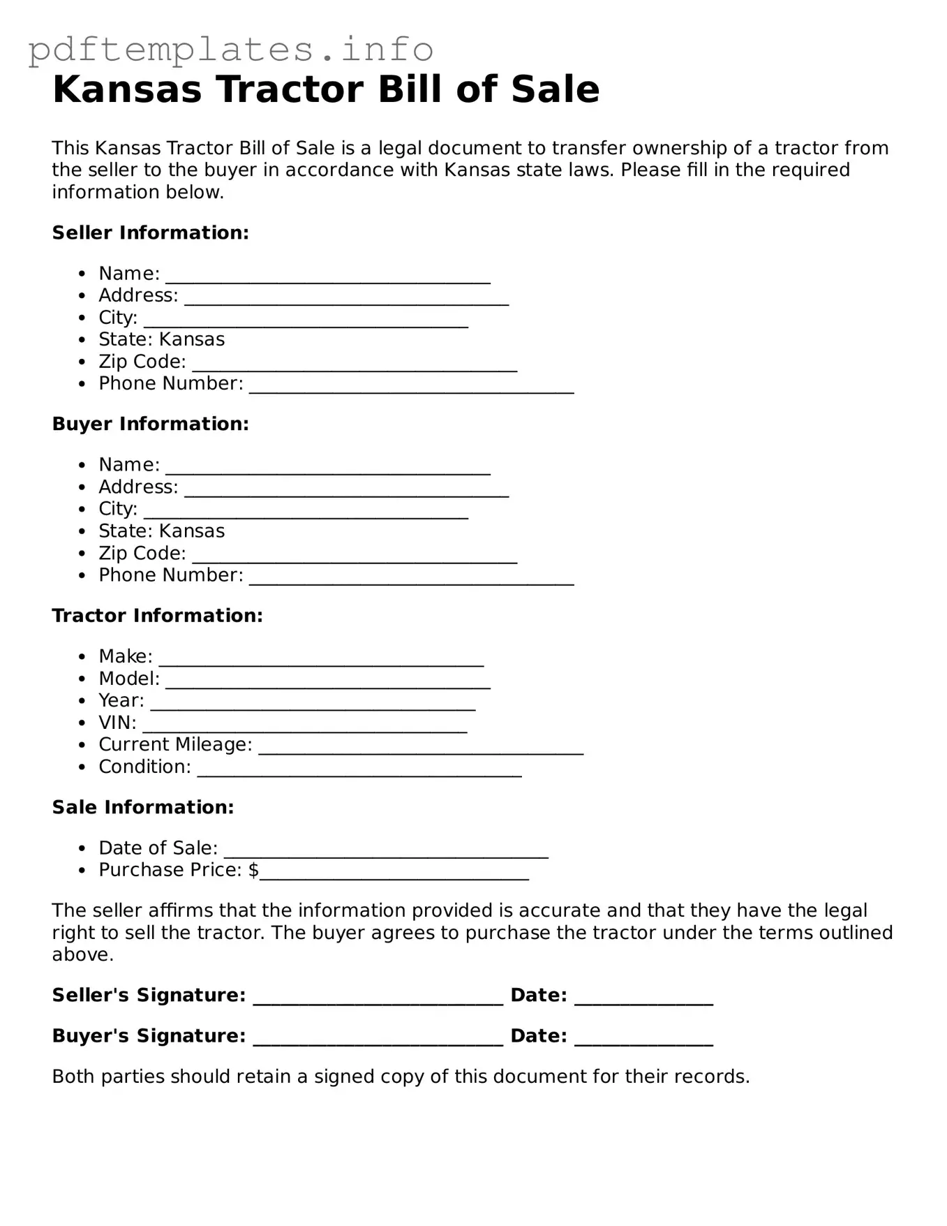 Blank Tractor Bill of Sale Form for Kansas State