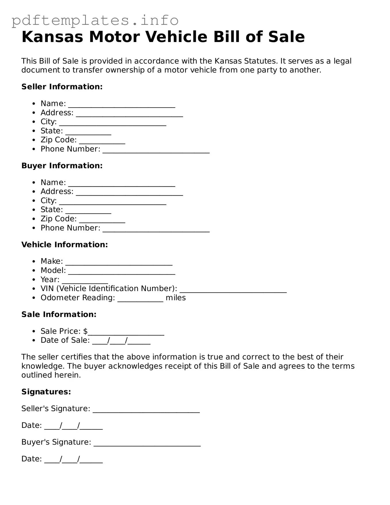 Blank Motor Vehicle Bill of Sale Form for Kansas State