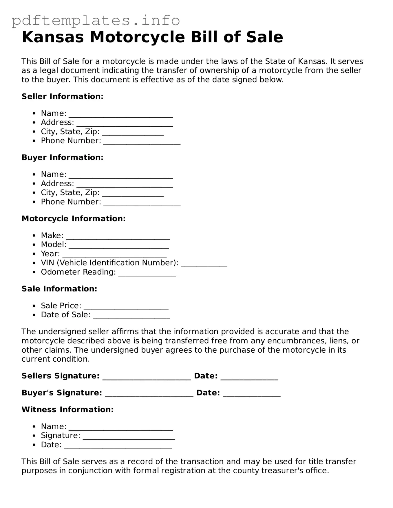 Blank Motorcycle Bill of Sale Form for Kansas State