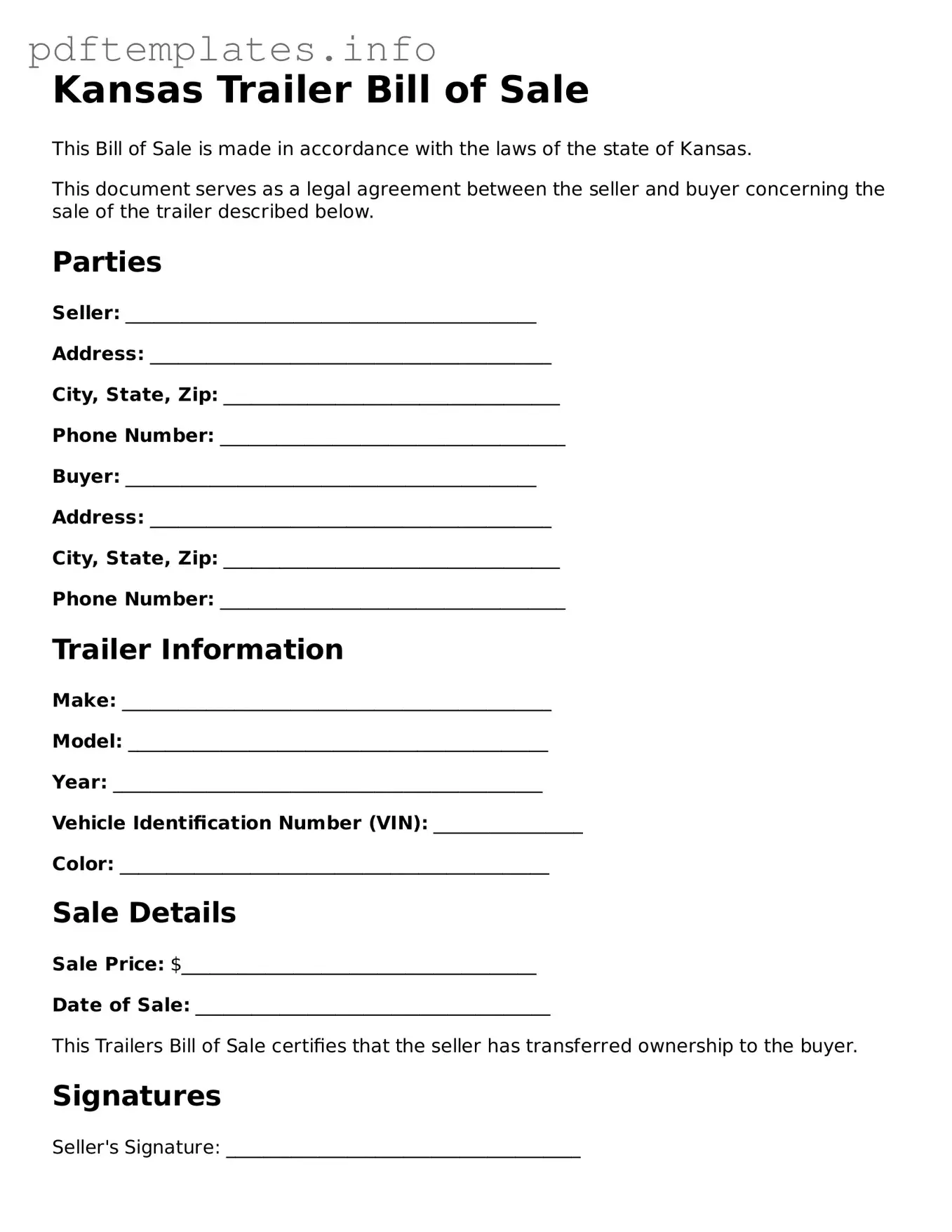Blank Trailer Bill of Sale Form for Kansas State