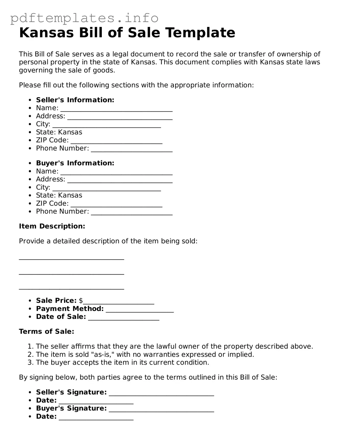 Blank Bill of Sale Form for Kansas State