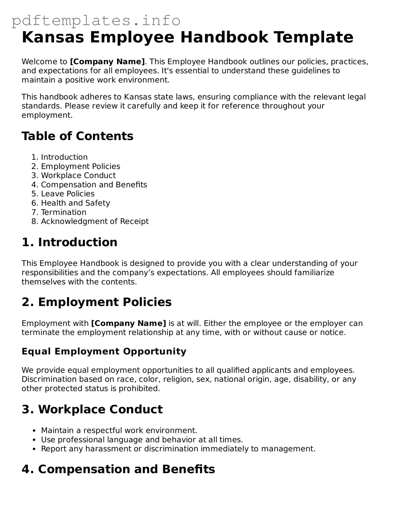 Blank Employee Handbook Form for Kansas State