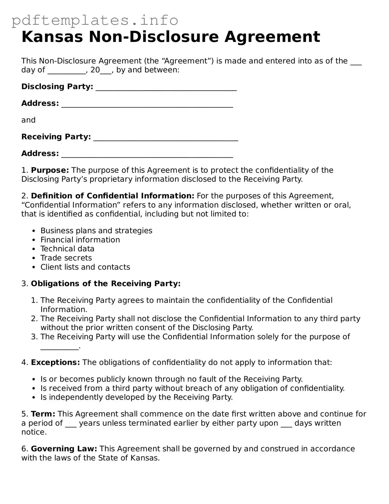 Blank Non-disclosure Agreement Form for Kansas State