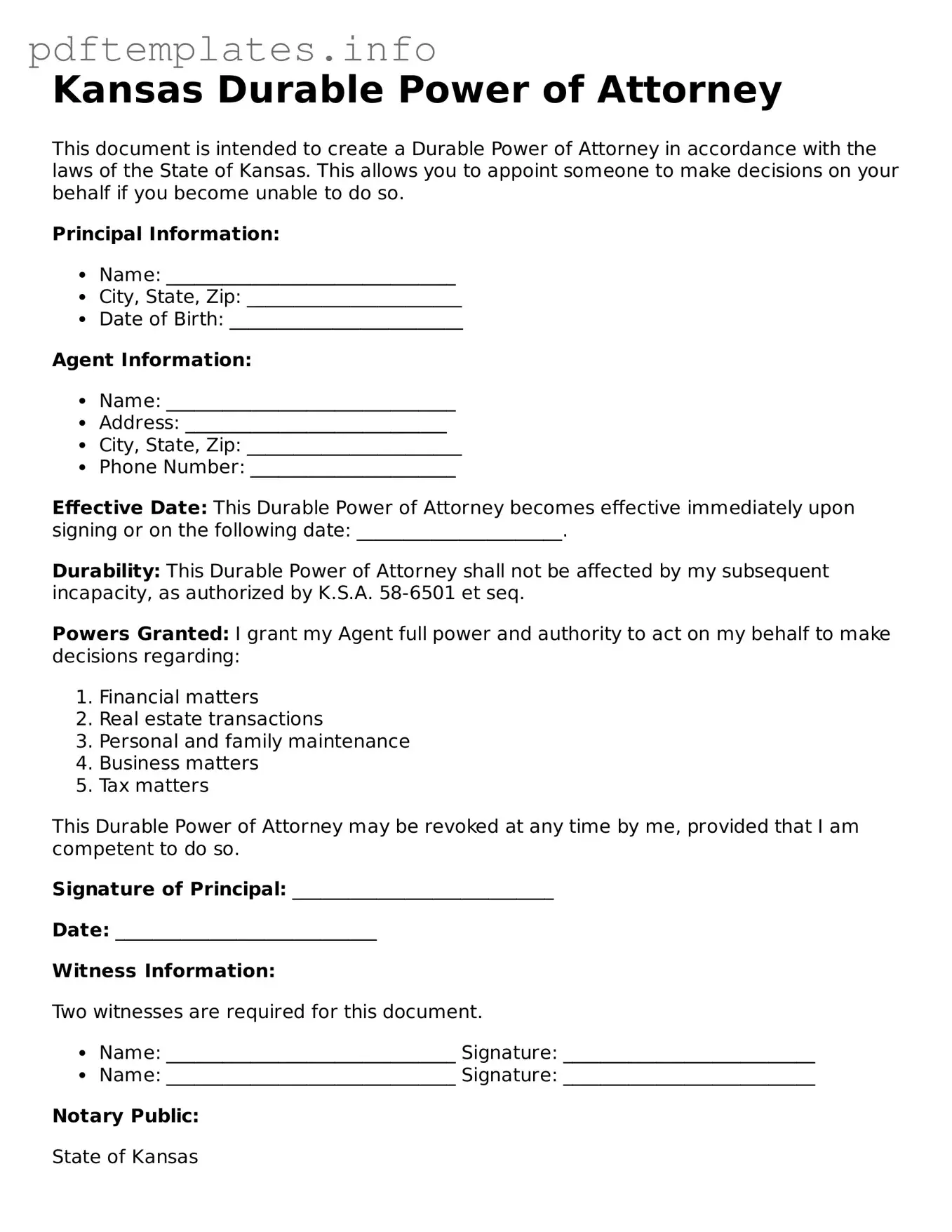 Blank Durable Power of Attorney Form for Kansas State