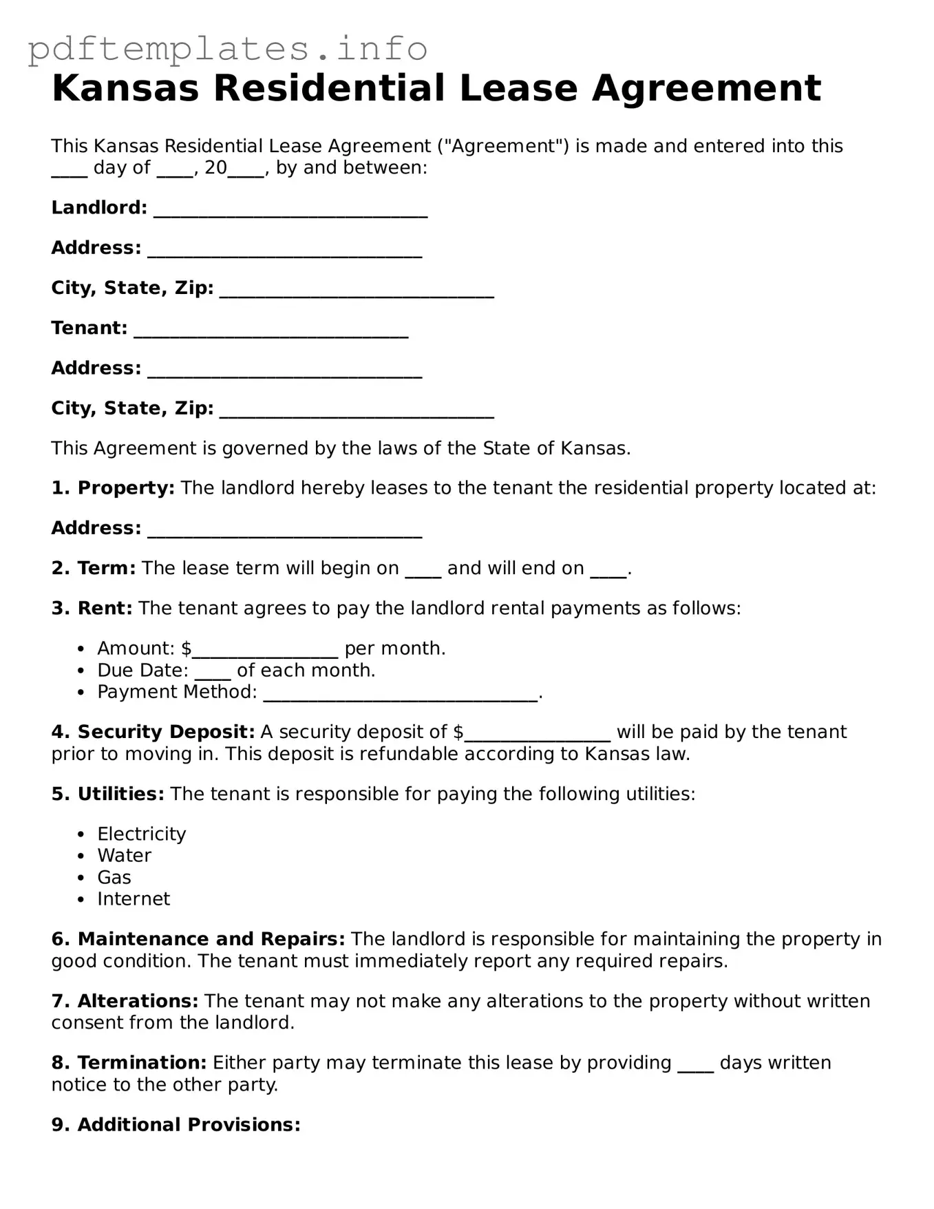 Blank Residential Lease Agreement Form for Kansas State