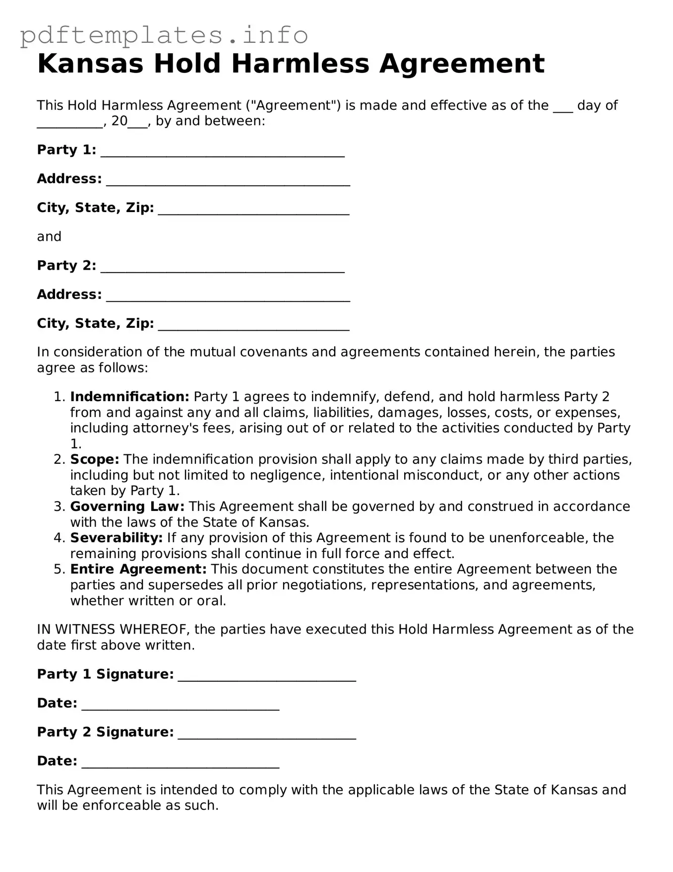Blank Hold Harmless Agreement Form for Kansas State