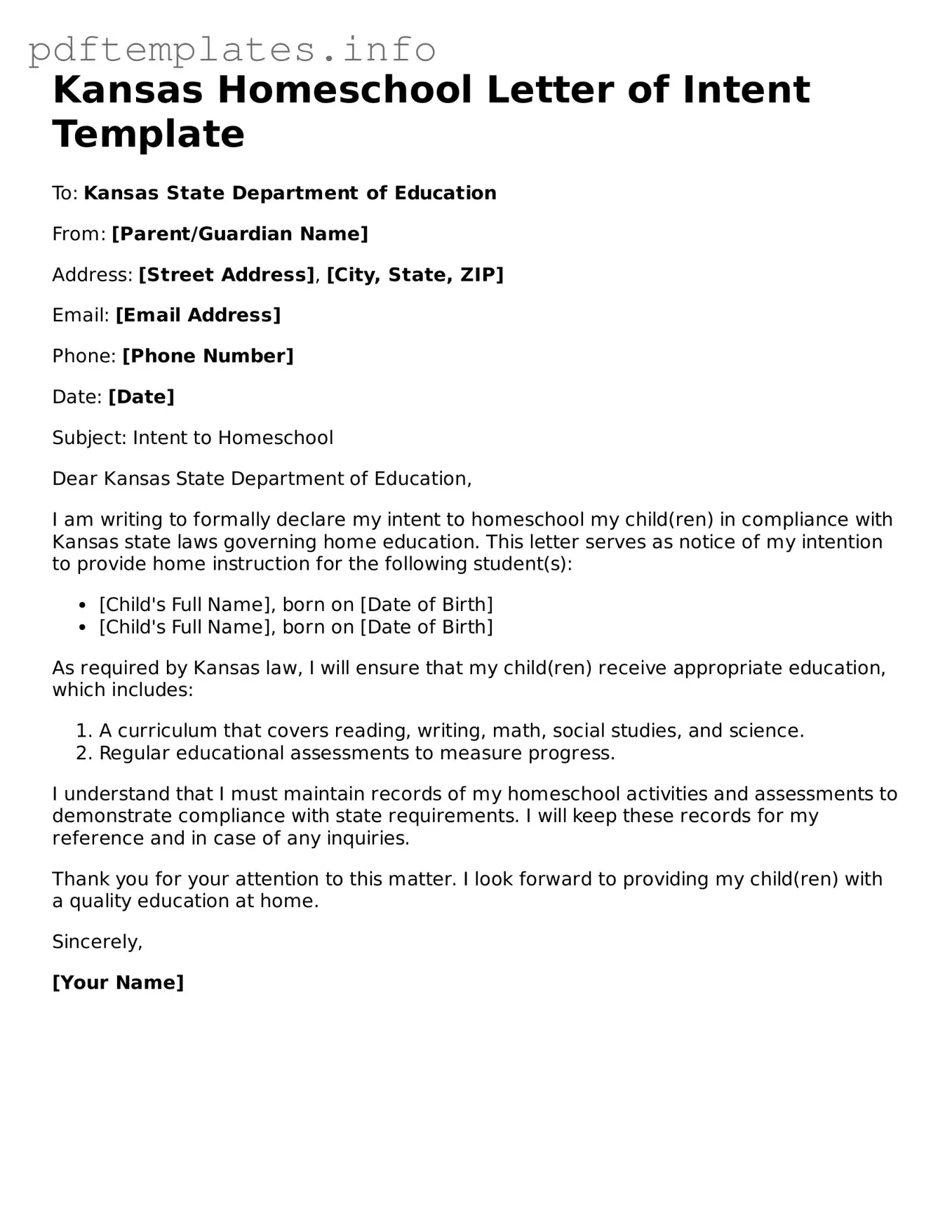 Blank Homeschool Letter of Intent Form for Kansas State