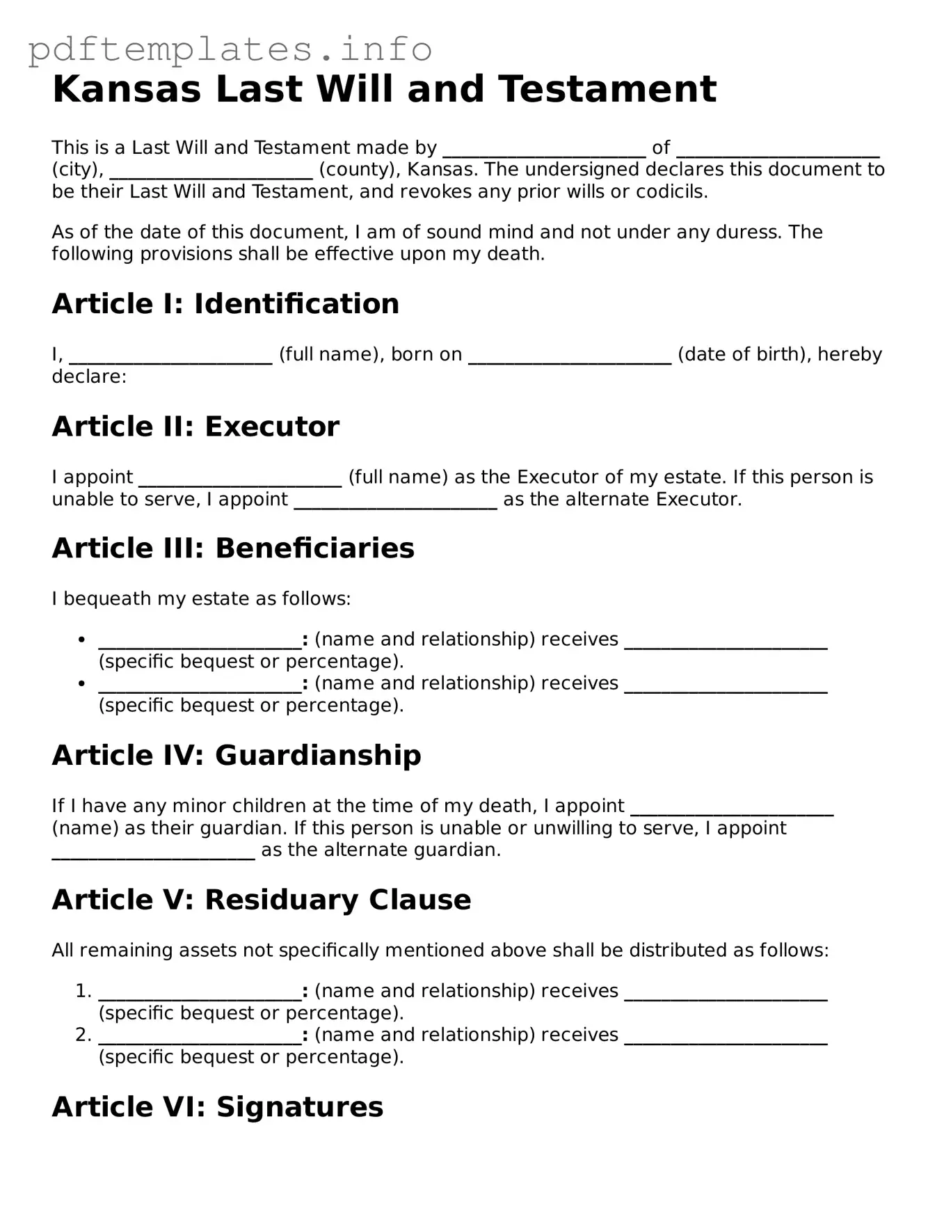 Blank Last Will and Testament Form for Kansas State