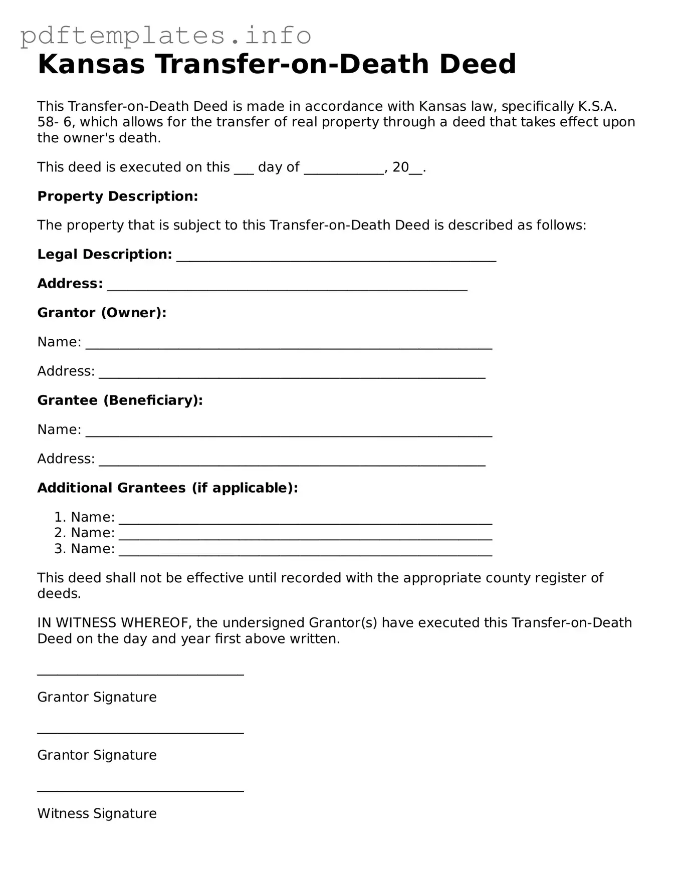 Blank Transfer-on-Death Deed Form for Kansas State
