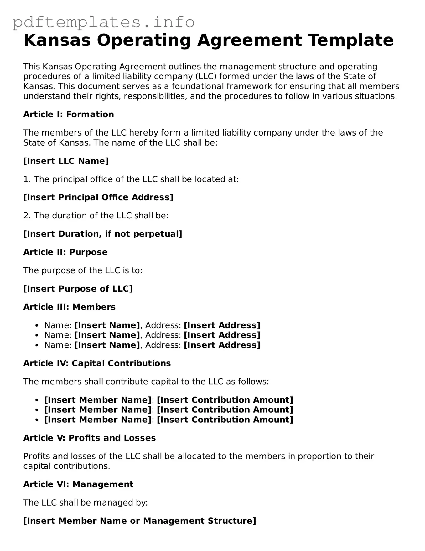 Blank Operating Agreement Form for Kansas State