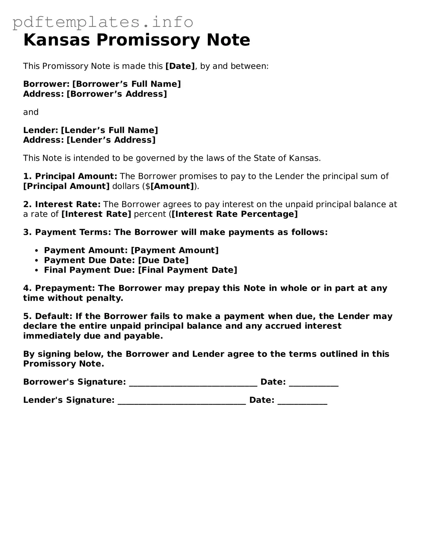 Blank Promissory Note Form for Kansas State