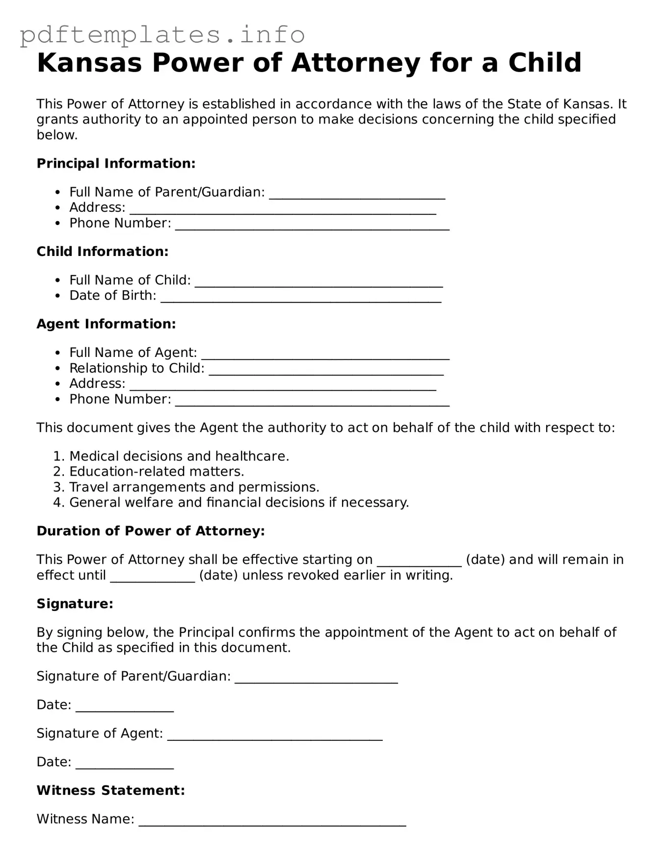 Blank Power of Attorney for a Child Form for Kansas State